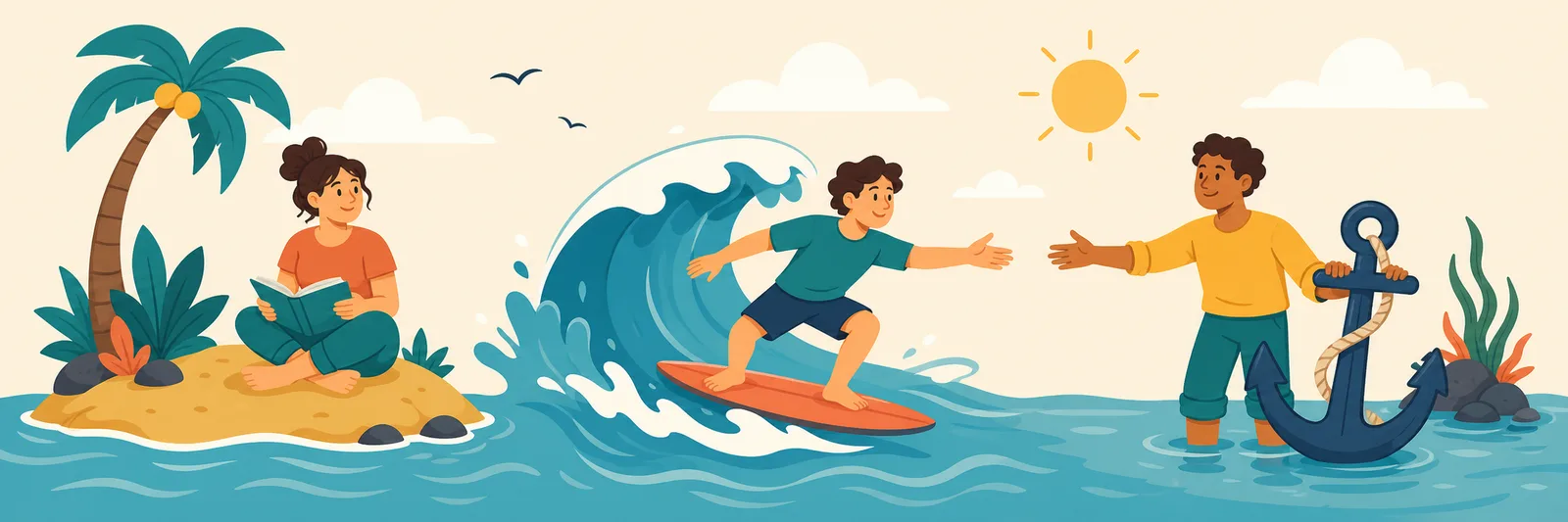 Three scenes side by side: a person reading alone on a small island, a person riding a wave with arms stretched out, and a person standing steady beside an anchor.