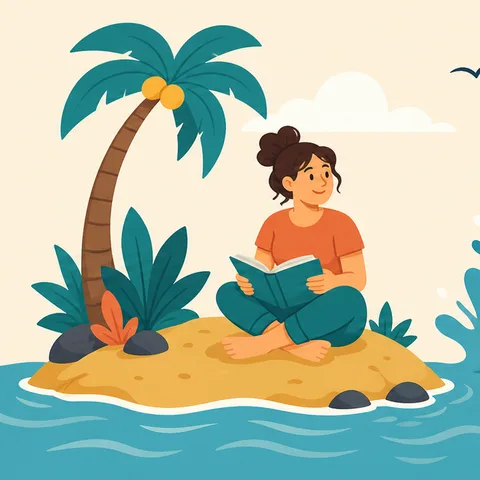 A person reading alone on a small island.